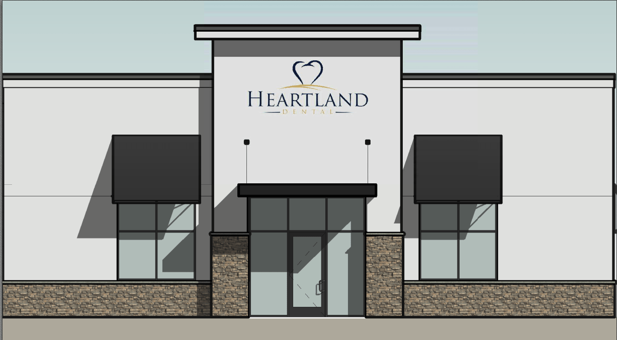 Virtual Rendering of Heartland Dental construction with the Heartland Dental logo
